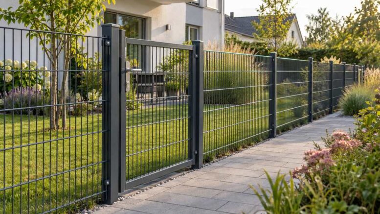 Anthrazitfarbener Doppelstabmattenzaun mit Gartentür und Bepflanzung am Einfamilienhaus.